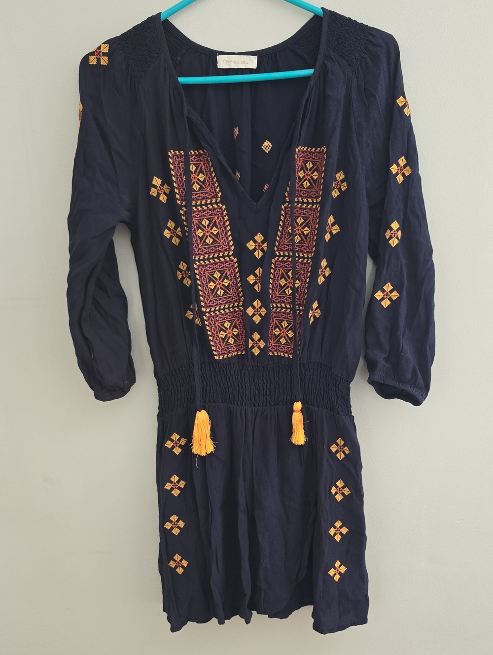 Embroidered Navy Midi Dress with Yellow Tassels